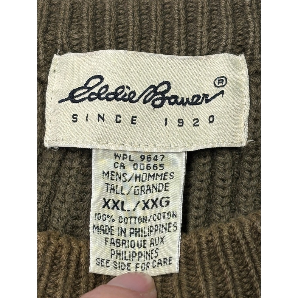 Eddie Bauer Mens XXL Tall Olive Green Ribbed Knit Cotton Crewneck Sweater - Picture 2 of 6